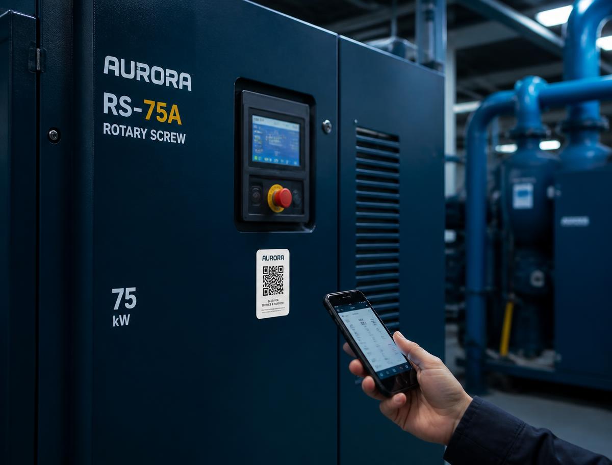 Compressor industrial com etiqueta de QR Code sendo lida pelo celular do técnico